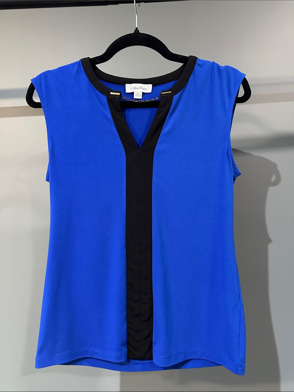 Calvin Klein Royal Blue Sleeveless V-Neck Top with Black Center Panel